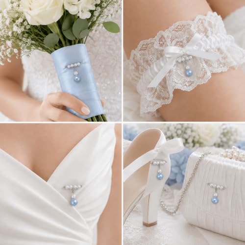 Image of MIXJOY Something Blue Gift for Bride, Wedding Day Bridal Blue Pearl Angel Wings Bouquet Garter Charm for Bride to Be