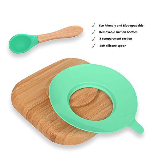 Baby Toddler Stay Put Dish, Kids Suction Plate, Bamboo Cute Dinnerware (Light Green) #TOP6
