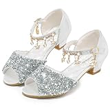 Furdeour Girls Sparkly Dress Shoes Heeled Girls Dress Princess Shoes Little Girl 5-6 Years Old Size 11 Girls' Sandals Glitter Low Heel Birthday Wedding Party(F2908 SSilver 11)