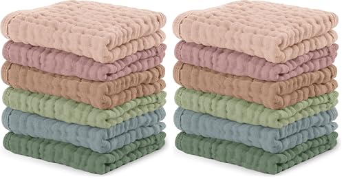 Image of Comfy Cubs Muslin Baby Washcloths 12 Pack - Soft 6-Layer Cotton Wash Cloths for Sensitive Skin - 10 inchx10 inch Large, Gentle, Absorbent Infant Essentials for Newborn and Toddlers - Multicolor