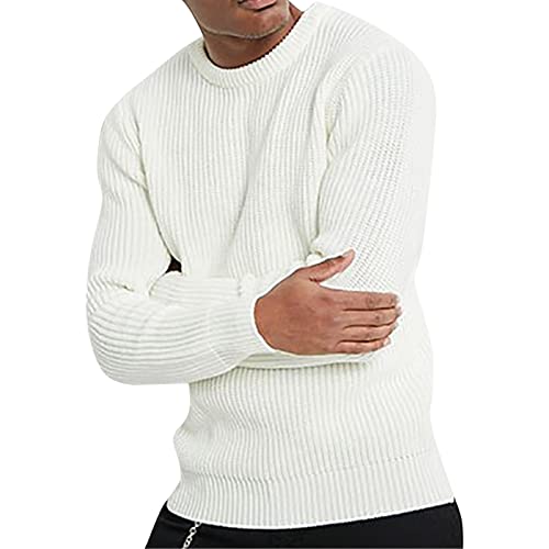 Mens Crewneck Sweater Waffle Textured Long Sleeve Knitted Sweaters Fall Winter Knitwear Classic Basic Top Pullover