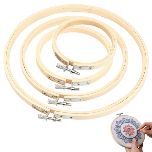 4 Aros de Bambú para Bordado de Punto de Cruz en 4 Tamaños con Agujas Doradas, Aros de Bordado para Costura Artesanal, Manualidades y Decoración del Hogar