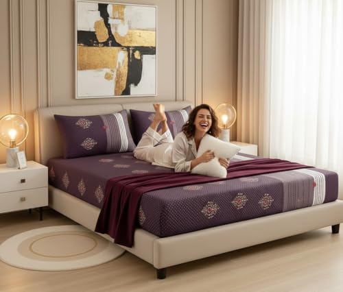 Image of 300 Tc Cotton Feel Glace Cotton Elastic Floral Fitted Bedsheets Queen Size 78 X 60 Inches||1 Elastic Bedsheet Queen Size Cotton&2 Pillow Covers(Vegas),Grey