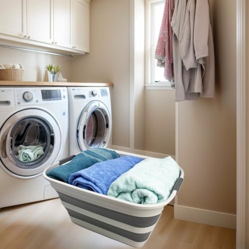 Image of SMMART Collapsible Plastic Laundry Basket with Handle /Foldable Pop Up Storage Hamper /Portable Laundry Organizer-Space Saving Washing Tub /Household Storage Supplies (Grey /Steel Grey, 27L (Set of 2))