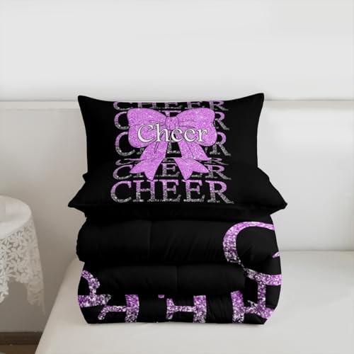 Image of Feelyou Cheer Bow Kids Comforter Set Full Size Cheerleading Bedding Set Funny Sport Duvet Quilt for Kids Boys Girls Bedroom Purple Decor Microfiber Ultra Soft Breathable