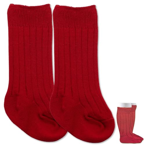 BABYZOCO Chaussettes hautes en coton pour bébé, chaussettes longues pour bébé, chaussettes longues en coton pour bébé, convient pour 12 à 24 mois, rouge, 12-24 mois