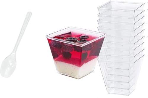 AllBags 50 Stück Desserttassen 60ml desert gläser set Desserttasse Plastik Dessertbecher mit 50 Stück Löffeln Wiederverwendbare Dessertgläser Plastik für Dessert Pudding Mousse Party dessertschalen Cover