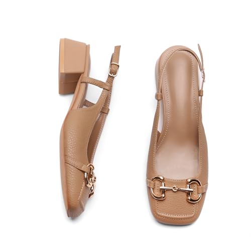 Image of Slingback Mary Jane Heels for Women Low Block Heel Closed Square Toe Pump Shoes Heels Classic Daily Office Dressy Shoes