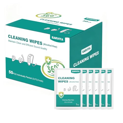 EARVITA 50 Count Hearing Aids Cleaning Wipes Individually Packaged Hearing Aid Audio Wipe Cleaning Tool Kit Supplies Hearing Aid Accessories for All Hearing Aid Brands and Types (50)