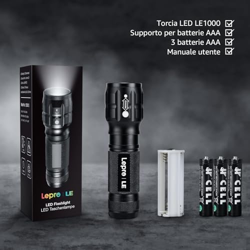 Lighting EVER Lepro Lampe Torche L8000 Puissante, Lampe de Poche Zoomable Étanche IPX4, 3 AAA Piles Compris, LED Militaire en Aluminium pour Camping, Randonnée, Urgences - 7