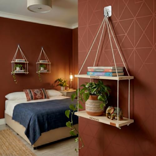 Image of No-Drill 2-Tier Wall Hanging Shelf | Elegant Boho Wall Decor for Plants and Home Decoration, Living Room, Bedroom & Balcony | Handwoven Art Piece