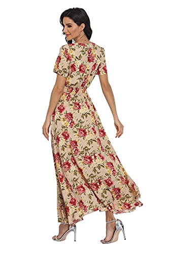 Image of VintageClothing Women's Floral Maxi Dresses Boho Button Up Split Summer Casual Long Dress Beach Party Dress