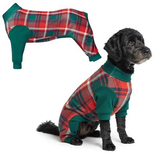 Image of Spark Paws Dog Christmas Pajama, Dog Recovery Suit Male, Onesie, Ultra-Soft and 4-Way Stretch, for Small Medium and Large Breeds - Green and Red Plaid - 2XL
