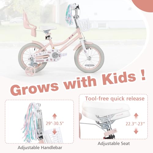 Image of Olakids Kids Bike, 12 14 16 18 20 Inch Girls Bicycle with Doll Seat Basket Adjustable Seat and Handlebar, Handbrake and Coaster Brake
