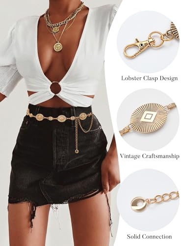 Image of FIORETTO Western Waist Chain Belt Metal Concho Belt for Women Cowgirl Cowboy Boho Country Belt for Dress Jean