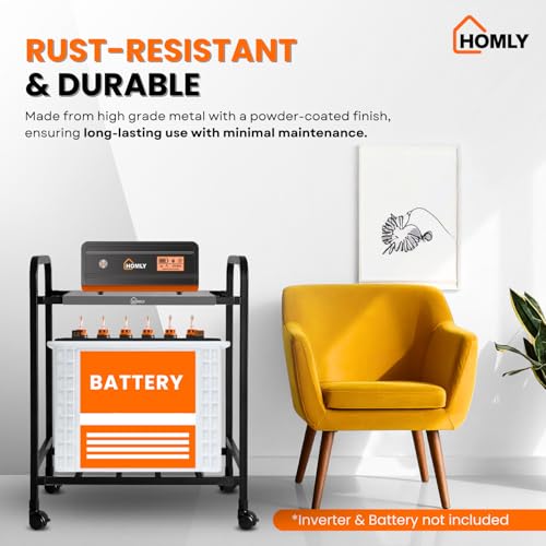 Image of Homly Uni Base Inverter Battery UPS Trolley Stand | Inventer Cabinent Box with 360 Rotating Lockable Wheels, Rust Resistant Inverter Stand | Supports 1 Inverter & 1 Battery Upto 100 kg - Black & Grey