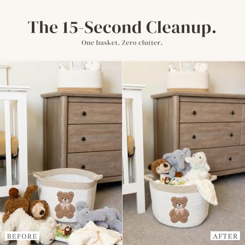 Image of Teddy Bear Baby Storage Basket, Woven Cotton Rope Nursery Bin, 15x11 in | Stuffed Animal and Blanket Storage, Embroidered Bear Patch, Gender Neutral Nursery Decor, Shower Gift, Playroom Organizer