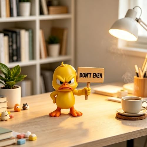 MMCT Don't Even Duck Statue Funny 3D Printed Angry Duck Figurine with Sarcastic Sign Resin Animal Sculpture Humorous Desk Decor Office Decoration Novelty Gift for Coworkers Friends