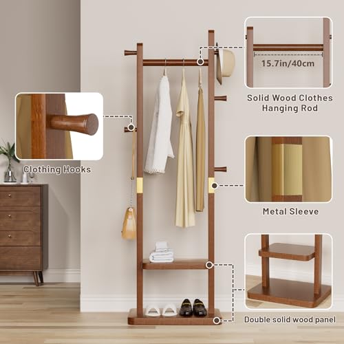 Taitiy Solid Wood Coat Rack, Freestanding Clothing Rack with 2 Shelves Storage & 5 Hooks, Heavy Duty Clothes Rack Stand for Hall, Bedroom, Living Room