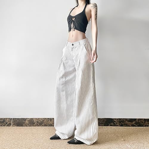 Viatabuna Women's Casual Striped Wide Leg Pants Low Waisted Y2K Baggy Pants Lounge Pinstripe Lightweight Trousers Work Pants3