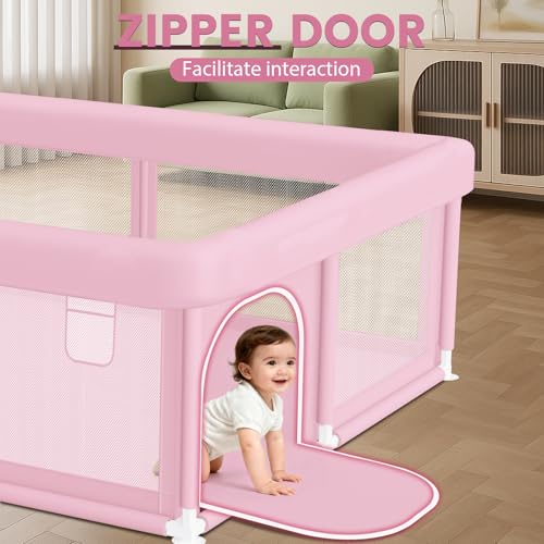 Image of Large Baby Playpen 50 inchx50 inch Baby Girl Play Pen for Babies and Toddlers, Safe Structure and Soft, Skin-Friendly Fabric with Zipper Gates Pink