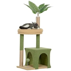 PawHut Arbre à Chat, Tour de Jeux pour Chat, 98 cm, avec Niche, lit, griffoirs, 2 balles de Jeu et Feuilles artificielles, Vert