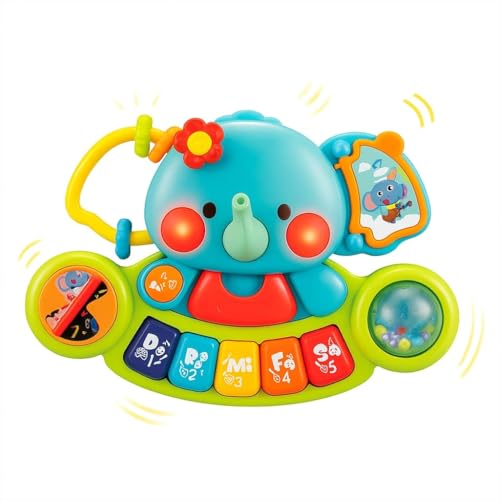 Hola - Piano infantil de brinquedo - com luzes e sons reais de instrumentos musicais - jogo elefante musical com teclado e 7 atividades - brinquedo sensorial e educativo - presente bebé + 6 meses