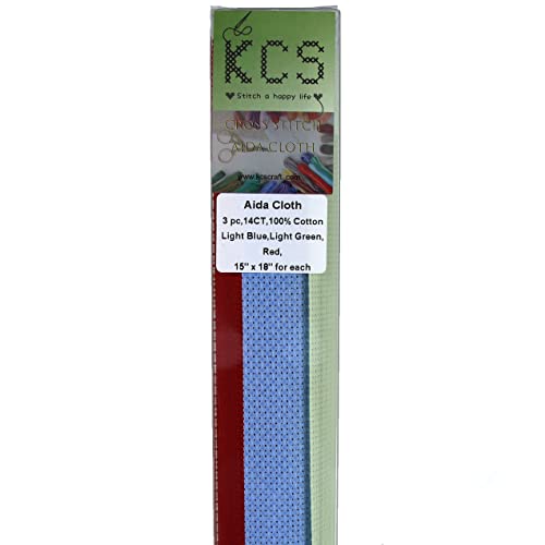 Image of KCS 3 pc of 15 inch x 18 inch Counted Cross Stitch Cotton Aida Cloth Needlework Fabric,14CT,Light Blue+Light Green+Red