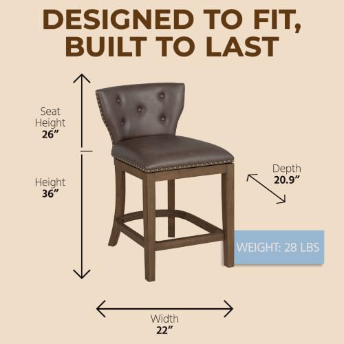 Image of ROME + OAK Carlynd 26 inch Counter Stool, Set of 2 Low Back Swivel Kitchen Barstool in Walnut Finish with Saddle Brown Vegan Leather Upholstered Seat