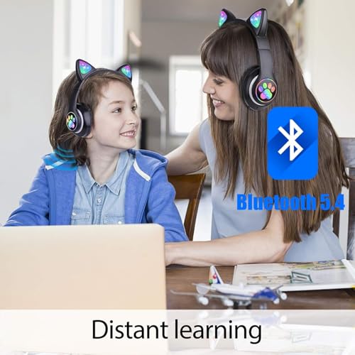 Image of TCJJ Bluetooth 6.0 Cat Ear Kids Headphones for Girls, LED Light Up, 85dB Safe Volume Limit, Stereo Sound Toddler Foldable Wireless & 3.5mm Wired Headset with Mic for School, Tablet, Travel