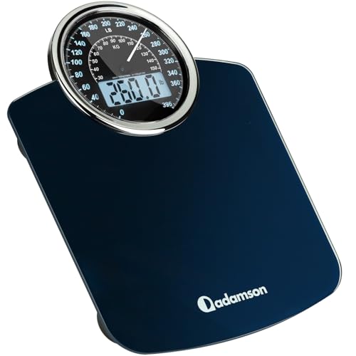 Adamson Hybrid 2-in-1 Analog & Digital Weighing Scale for Body Weight up to 400lbs - Thick Tempered Glass - Extra Large Display - Easy to Read Digital Bathroom Scale - Blue with Black Backlight