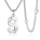 Susook Baseball Initial Necklace for Men A-Z Letter Charm Pendant Stainless Steel Chain 22+2 inch Personalized Baseball Gift for Men(SS)