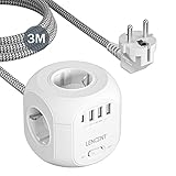 LENCENT 4 Fach Steckdosenleiste Steckdosenwürfel Mehrfachsteckdosen 8 in 1 Cube Steckdose Steckerleiste 2500W mit 1 Typ-C Anschluss USB Mehrfachstecker mit 3 Meter Geflochtenem Kabel für Wandsteckdose