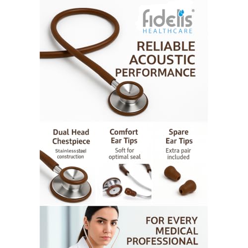 Image of Fidelis Healthcare Brown Edition Dual Head Stainless Steel Stethoscope for Doctors, Nurses and Medical Students | Light Weight Chest Piece | Flexible Latex Free Tube