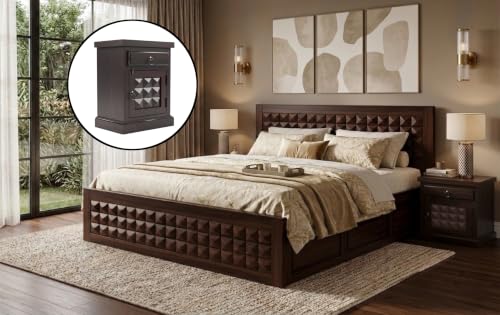 Image of Diamond Solid Sheesham Wood Queen Size Bed with Storage & Bedside|Wooden Box Queen Size Double Cot Bed with Storage Box+2 Side Tables for Home, Bedroom,Living Room,Hotel|Walnut Finish