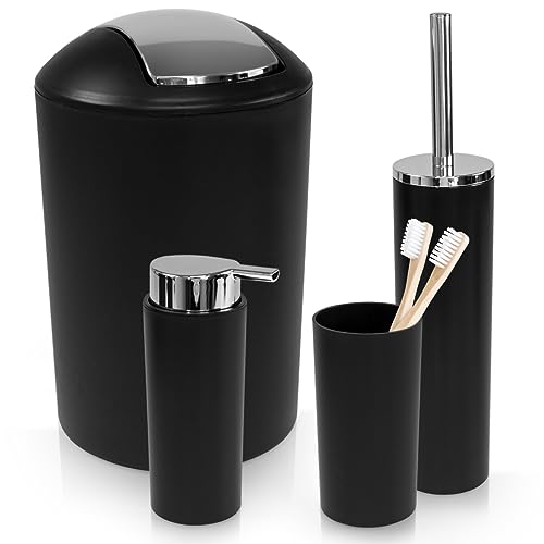 WENKO Badezimmer Zubehör Set Calvo 4-teilig Seifenspender Zahnputzbecher WC-Bürste Toilettenbürste WC-Garnitur Kosmetikeimer Schwarz mit Chrom Details aus Kunststoff