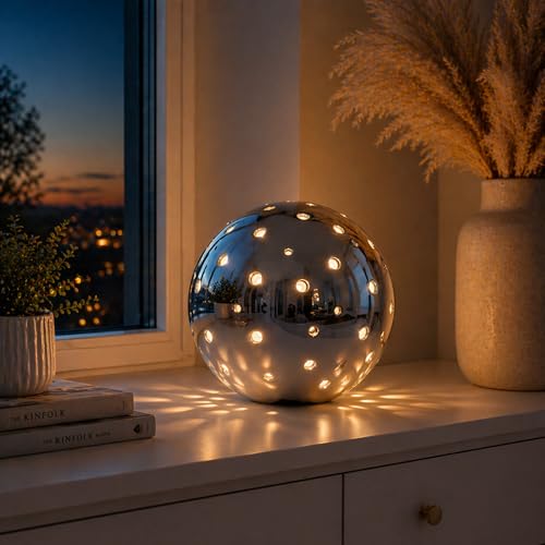 Jumbos Dekowelt Keramik Kugel Mit LED Und Timer, / , 4 Größen Rund, Weihnachts Ganzjahres Dekoration, Schwarz, Silber, Gold, Weiß, Ø 13-26 Cm, 13cm