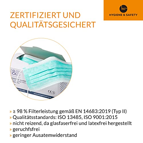 ISC Hygiene & Safety OP Vlies Mundschutz Maske (50 Masken mit Elastikband in Komfortlänge, 3-lagig, 100% PP, mit Nasenbügel, glasfaserfrei, latexfrei, 3-lagig grün (Packung mit 2)
