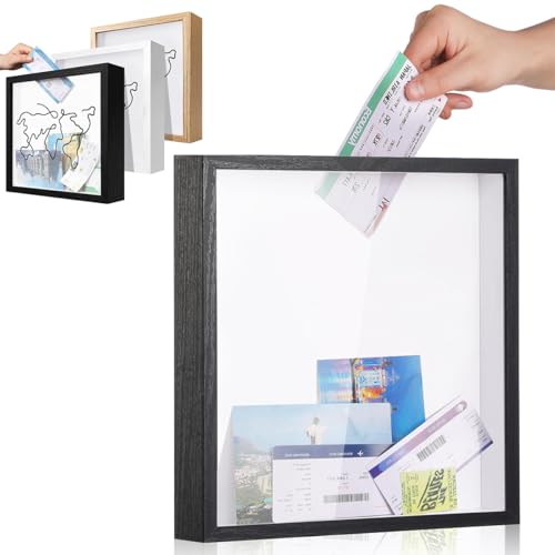 LITAITAI Travel Adventure Challenge Archive Shadow Box Picture Frame with Slot,Travel Ticket Card Memory Box for Keepsake Box,Top Loading Shadow Box Display Case Travel Gift (Black, 8x8)
