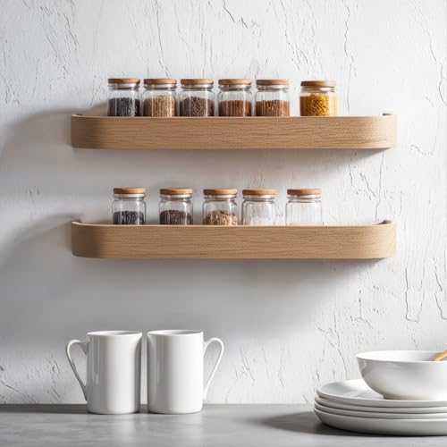 MATERIUM® „ARC“ Wandregal Holz – 2er Set – Schweberegal mit Echtholz-Furnier – Minimalistisch & funktional – 58 cm Floating Shelves, Ablage für Wohnzimmer, Küche, Flur, Bad und Co. (Eiche 2X)