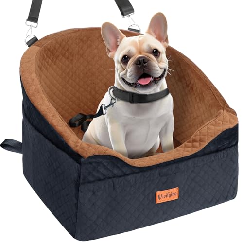 Vivifying Dog Car Seat, Memory Foam Dog Booster Seat for Small Under 10KG, Detachable and Washable, Height Elevated with Storage Pockets（Black&Brown）