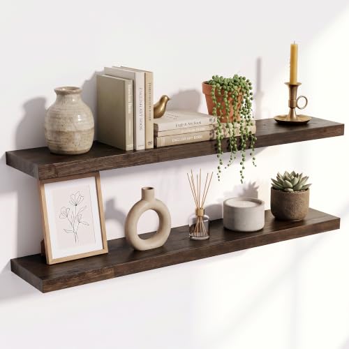 Image of Elm Floating Shelves for Wall - 40 in Rustic Solid Wood Shelves with Heavy-Duty Invisible Bracket, Wall-Mounted Wooden Shelf for Living Room, Bathroom, Kitchen Storage & Display, Set of 2, Walnut