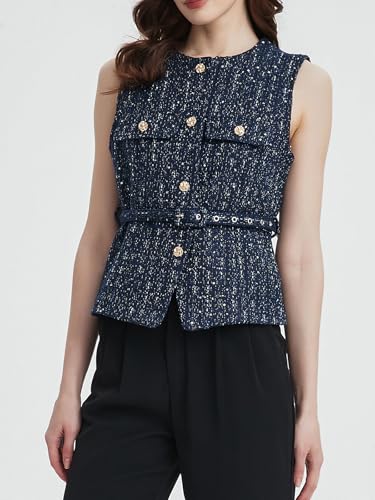 LifeShe Women Tweed Blazer Vest Button Down Sleeveless Elegant Blazers Jackets Business Office Waistcoat With Belt4