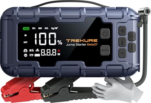 TREKURE Arrancador de Baterias de Coche 6000A, PD 45W Arrancador de Coches con Compresor de Aire de 160 PSI (para All Gas o 12L Diesel), Arrancador con Pantalla Grande LCD y Guantes Aislantes