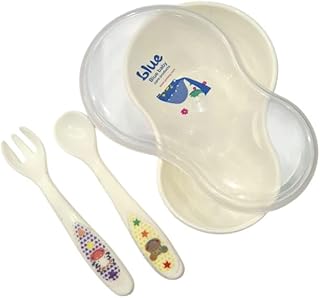 طبق أطفال وملعقه وشوكه وغطاء، 43 جم، لون أبيض