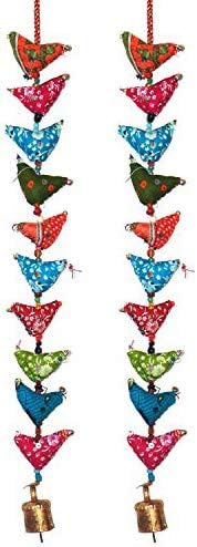 Rastogi Handicrafts Floral Cotton Stuffed Small Birds in Vibrant Design Stringed with Beads Brass Bell Door Hanging Assorted Set of 2 Pcs