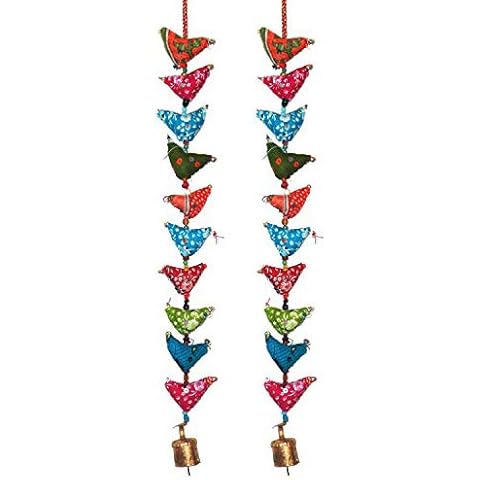 Rastogi Handicrafts Floral Cotton Stuffed Small Birds in Vibrant Design Stringed with Beads Brass Bell Door Hanging Assorted Set of 2 Pcs Cover