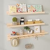 MBYD Natural Wood Shelf with Hooks, Floating Shelves for Wall Bathroom Shelves, Wall Mounted Nursery Bookshelf for Kids Room, Toy Storage Shelf for Bedroom Picture Ledge Shelves (Natural, 36 Inch)