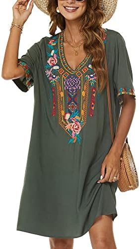 Mexican Embroidered Dress for Women, Traditional Boho Style Fiesta Dress, Plus Size Short Sleeve Floral Bohemian Tunic(3XL, Green-446)