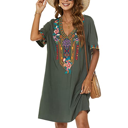 Mexican Embroidered Dress For Women, Traditional Boho Style Fiesta Dress, Plus Size Short Sleeve Floral Bohemian Tunic(3Xl, Green-446) #TOP3